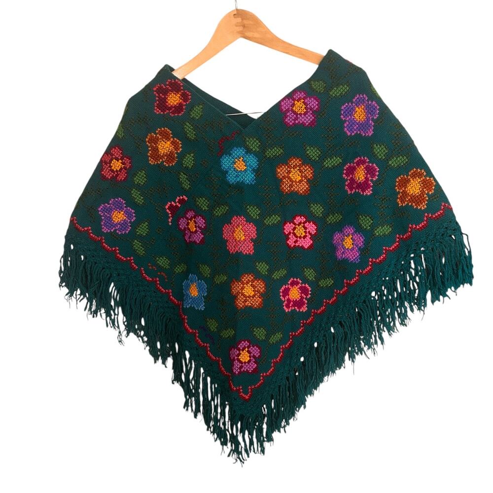 Vintage 70s Cross Stitch Floral Poncho Fringe Boho Folk Teal Cape Shawl -